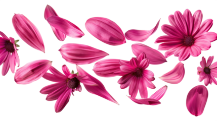 Pink Daisy Flowers With Scattered Loose Petals For Decoration, PNG, isolated on transparent background.