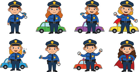Cute cartoon police officers, male and female characters, police cars, law enforcement, superhero cop, handcuffs, patrol, justice, safety illustration