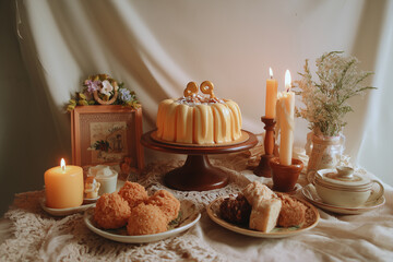 Birthday cake with candles and baked goods