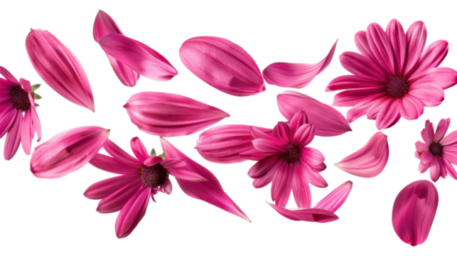 Pink Daisy Flowers With Scattered Loose Petals For Decoration, PNG, isolated on transparent background.