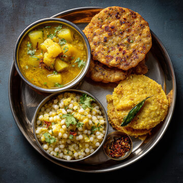 A traditional Indian thali featuring a fasting meal with sabudana khichdi, potato curry, and fried flatbreads served on a metal plate.