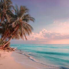 Scenic tropical beach landscape with tall palm trees calm turquoise ocean gentle waves sunset sky vibrant colors and peaceful atmosphere