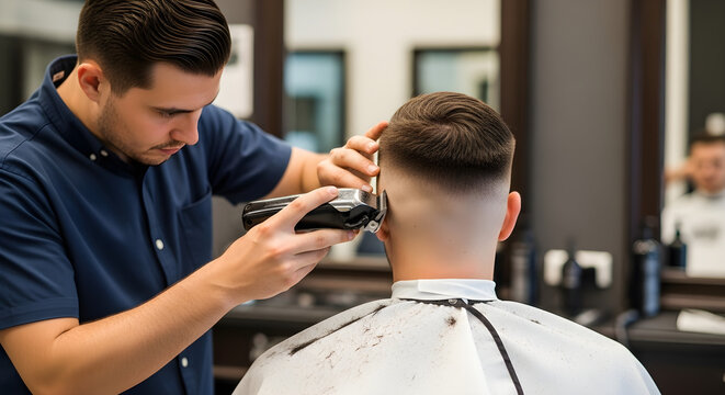 Skilled barber expertly shaping fade haircut with professional clipper for modern stylish look