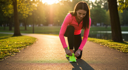A woman athlete tying her running shoe and preparing for her morning run or walk in a picturesque park setting, the low angle emphasizes the scene and the determination on her face.