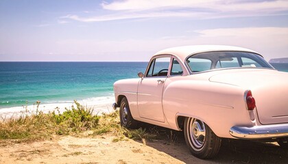 Classic pink automobile parked by the sea, evoking a sense of a nostalgic summer road trip