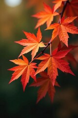 Crimson, gold, and orange maple leaves cluster on a branch against a blurred background , nature, autumnal