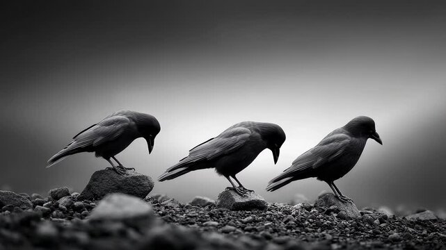 Monochrome Three Crows Silently Gaze Afar on Rocks