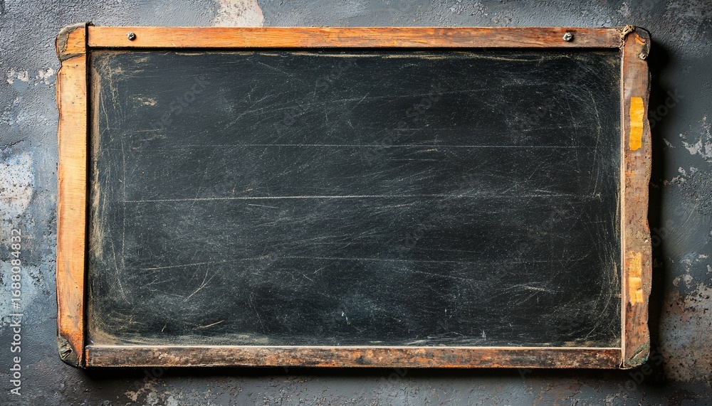 Aufkleber an old, rectangular blackboard with a rustic wooden frame shows scratches and markings on its dark s