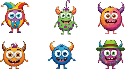 Funny cartoon monsters, cute monster characters, colorful furry creatures, fantasy design, happy monsters, mascot illustration, kids character set, playful cartoon