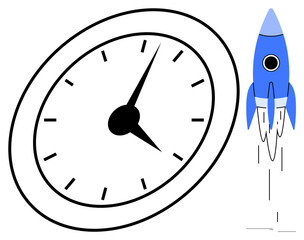 Rocket ascending alongside circular clock emphasizes innovation, speed, and importance of time. Ideal for productivity, efficiency, innovation, goal setting, time management, progress creativity in