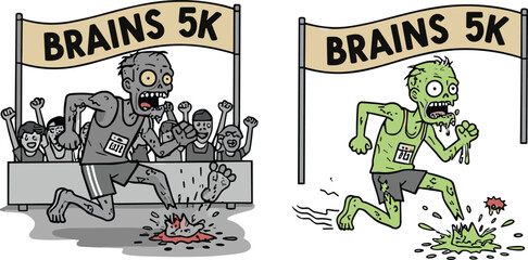 Zombie 5K run cartoon illustration, undead marathon race, scary horror sports artwork, creepy running competition, Halloween zombie runner, funny monster race