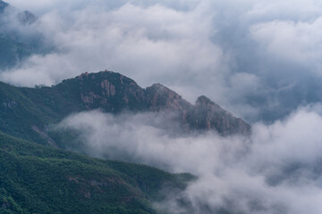Overlooking sea of clouds on mountaintop of Beijing Mount Miaofeng