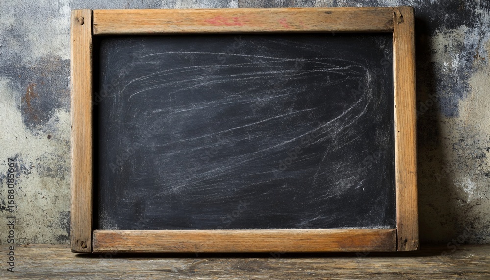 Poster an empty, black chalkboard in a weathered wooden frame sits on a rustic surface against a mottled wa