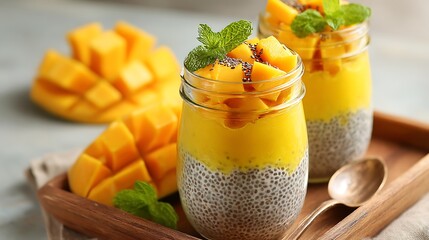 Delicious mango chia seed pudding parfait with fresh mint topping