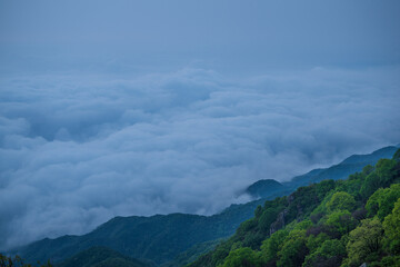 Overlooking sea of clouds on mountaintop of Beijing Mount Miaofeng