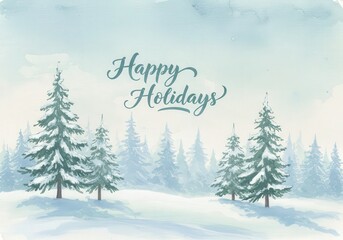 Fototapeta premium Winter forest with snow covered pine trees and happy holidays text