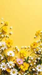 白と黄色の花が囲む黄色の壁紙。俯瞰・中央スペースありテンプレート
