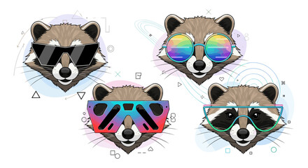 Fototapeta premium Four stylish raccoon heads wearing different cool sunglasses against abstract backgrounds