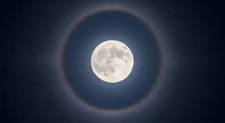 Obraz premium Full moon encircled by a 22° halo at night.