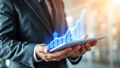 Man in suit holding tablet with illuminated blue upward trend graph and sun flare business finance