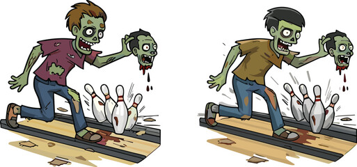Zombie bowling cartoon, undead character, horror sports illustration, creepy funny monster, bowling alley scene, scary design, pins strike, Halloween artwork