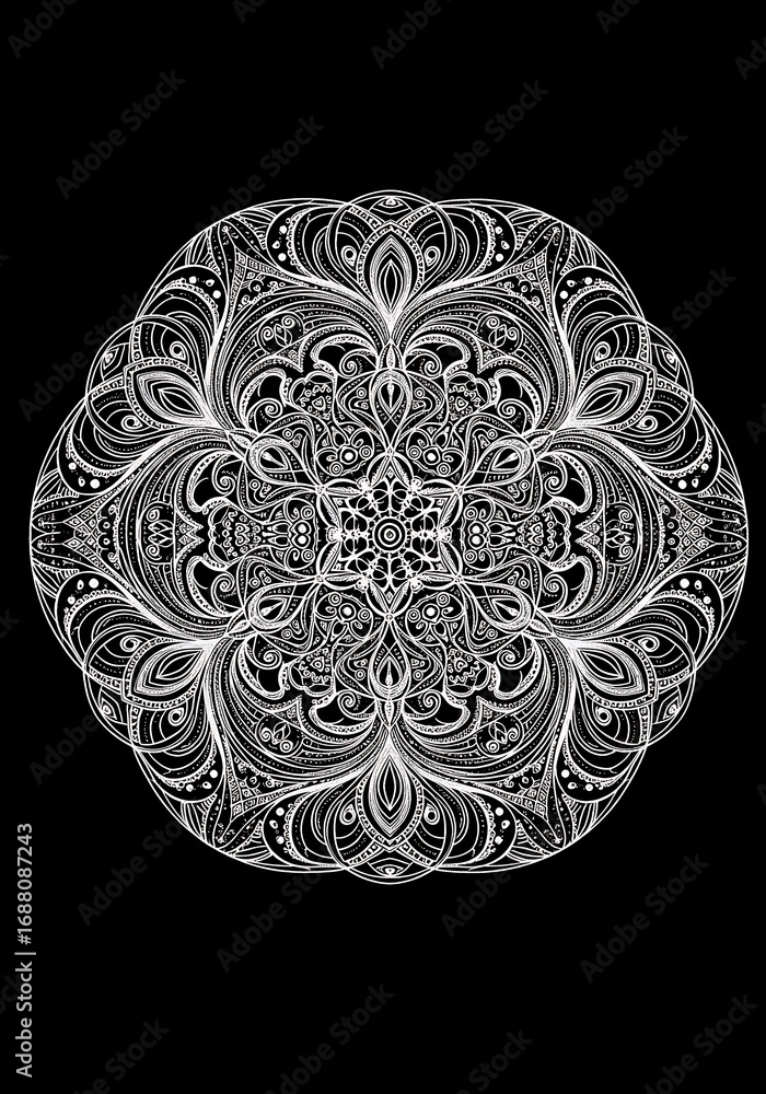 Poster intricate symmetrical design radiating elegance on a backdrop of pure black minimal pattern with ela
