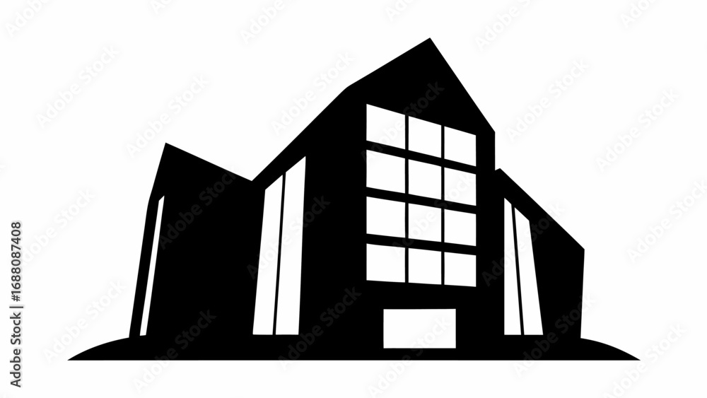 Poster silhouette of a modern building with multiple windows and sharp angles against a white background de