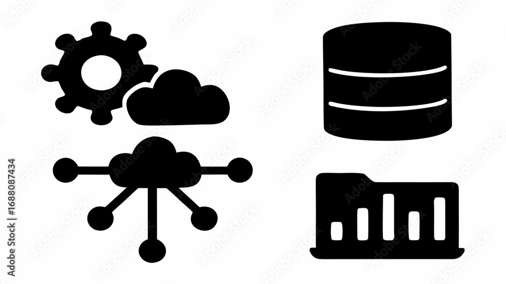 Poster illustration showing a gear with a cloud, a network cloud, a database, and a folder with bar graphs 