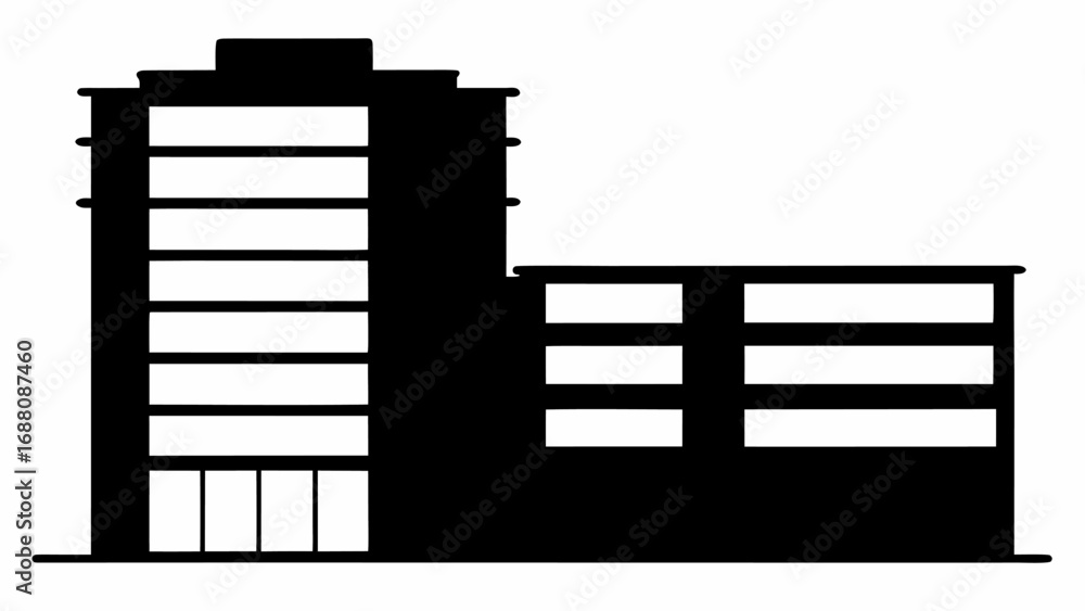 Poster silhouette of a modern building with multiple floors and visible windows against a white background 