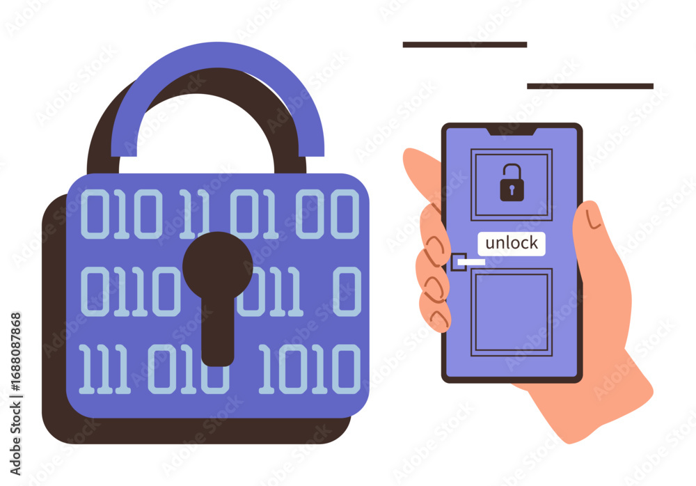 Poster binary code padlock and hand holding smartphone with unlock screen. ideal for cybersecurity, technol
