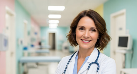 Smiling female doctor in white coat with stethoscope in hospital corridor healthcare professional medical staff patient care clinical environment