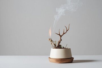 Burning plant in pot with smoke