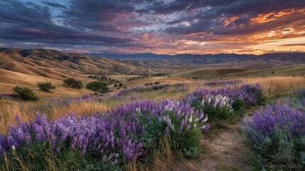 Obraz premium Scenic Lavender Fields Under Dramatic Sky at Sunset