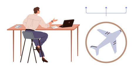 Man at desk working on laptop, discussing plans, book, notepad alongside, abstract connection lines. Ideal for travel planning, business, remote work, logistics communication teamwork simple flat