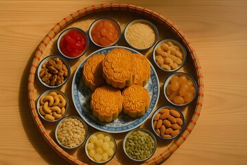 A tray of Moon cakes with small bowls of ingredients