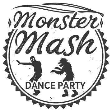 Black and white circular emblem for Monster Mash Dance Party with dancing monster silhouettes monsters