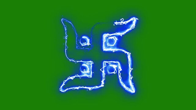 Hindu religion Swastik symbol with lightning energy sparks path effect on green screen background