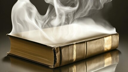 Antique book with mystical smoke rising from pages evokes magic and mystery
