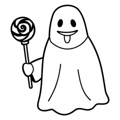 Cute cartoon ghost holding a swirl lollipop sticking out its tongue