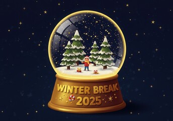 Winter break 2025 snow globe with snowy trees and figure