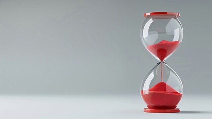 Minimalist red hourglass with sand flowing on light grey background symbolizing time, deadline, patience, and countdown concept