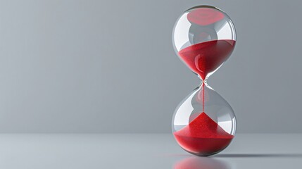 Hourglass with red sand isolated on grey background symbolizing time countdown urgency patience deadline and life concept
