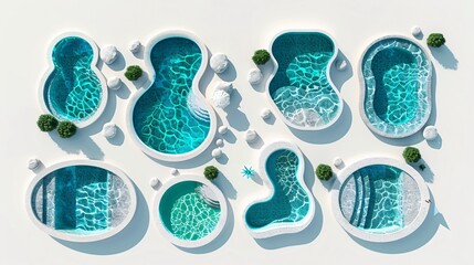 Top view of multiple modern swimming pools with unique organic shapes and clear blue water surrounded by white architecture symbolizing luxury resort design and summer vacation