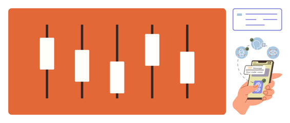 Candlestick chart patterns alongside a smartphone showcasing trading and investment options. Ideal for finance, stock market, investment, trading, analysis, business strategy, education. Simple flat