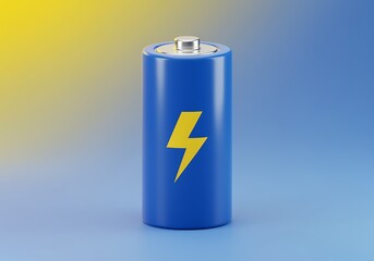 3D Render of Blue Battery with Lightning Bolt Energy Symbol Concept of Power Source and Electrical Storage