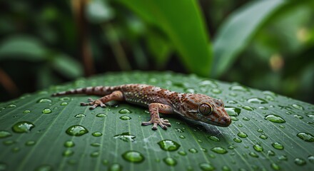 Obraz premium Gecko on leaf with water droplets