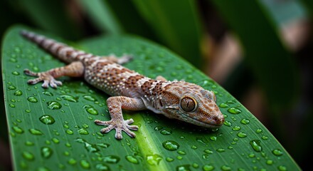 Naklejka premium Gecko on green leaf with water droplets