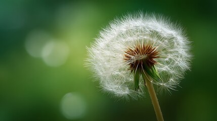 Delicate dandelion seed head with blurred green background in soft natural light