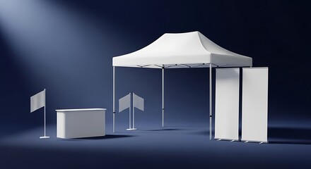 Dramatic Spotlight on White Pop-Up Tent, Counter, and Blank Banner Stands for Event Mockup.