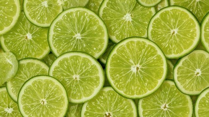 A vibrant display of fresh lime slices, arranged to create a symmetrical pattern of bright green tones.